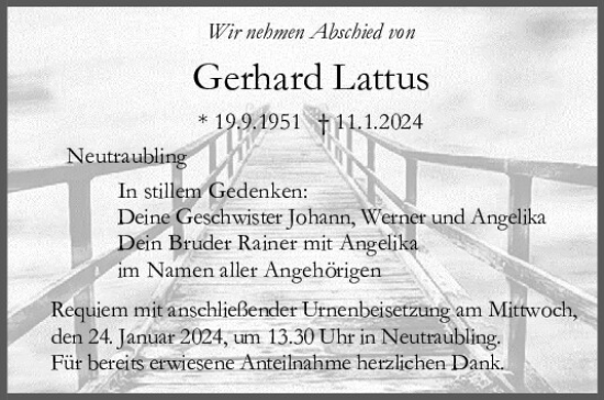 Traueranzeige von Gerhard Lattus von Mittelbayerische Zeitung Regensburg