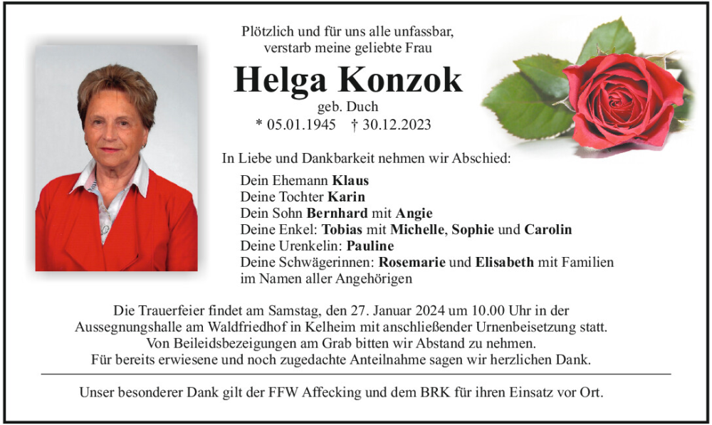  Traueranzeige für Helga Konzok vom 20.01.2024 aus Mittelbayerische Zeitung Kelheim