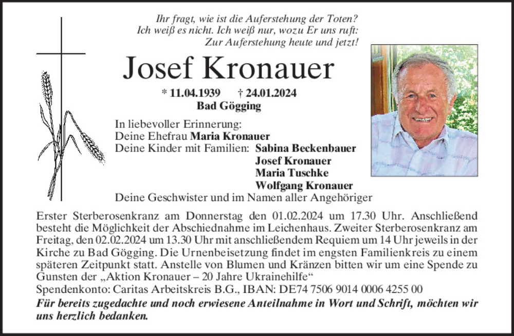  Traueranzeige für Josef Kronauer vom 31.01.2024 aus Mittelbayerische Zeitung Kelheim