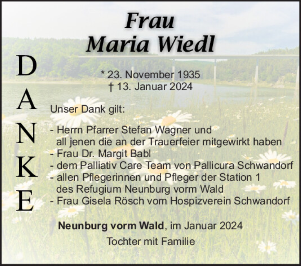  Traueranzeige für Maria Wiedl vom 20.01.2024 aus Mittelbayerische Zeitung Schwandorf