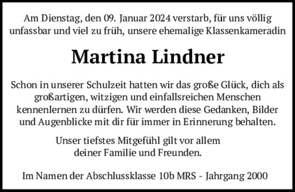  Traueranzeige für Martina Lindner vom 20.01.2024 aus Neumarkter Tagblatt