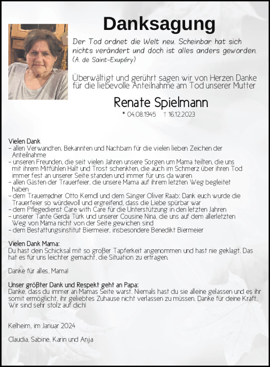 Traueranzeige von Renate Spielmann von Mittelbayerische Zeitung Kelheim