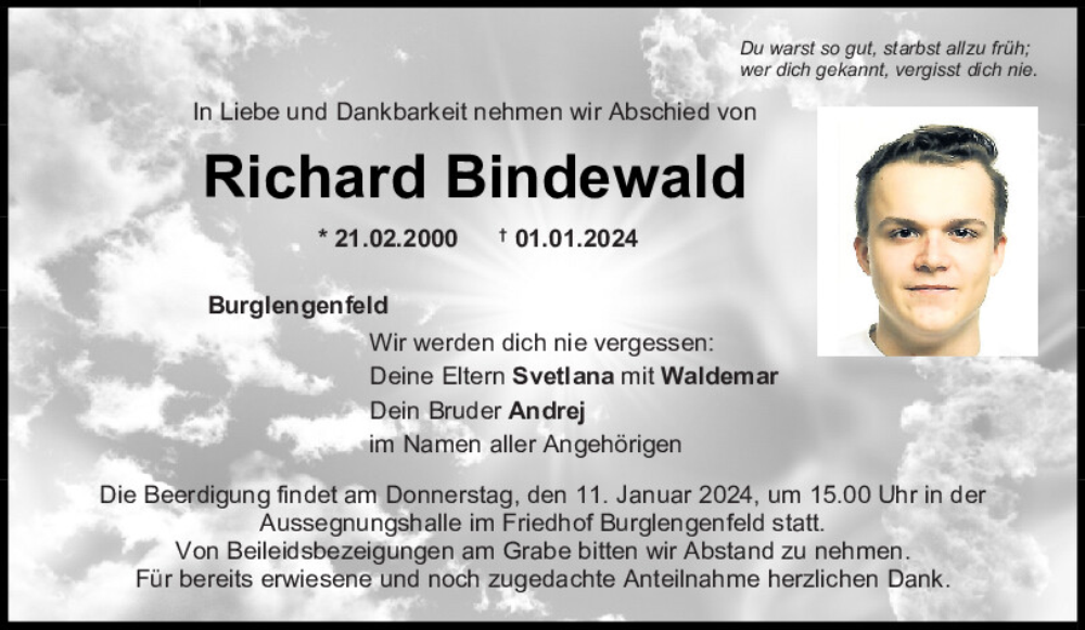  Traueranzeige für Richard Bindewald vom 06.01.2024 aus Mittelbayerische Zeitung Schwandorf