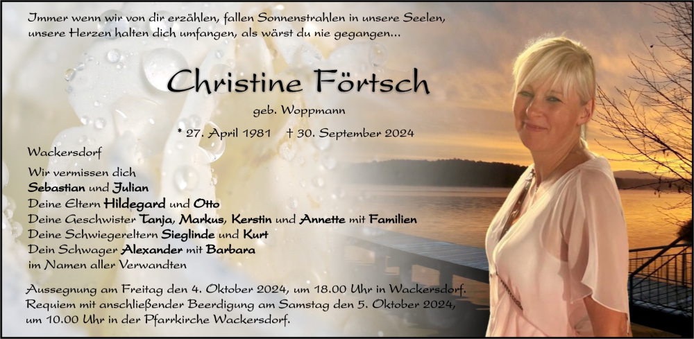  Traueranzeige für Christine Förtsch vom 03.10.2024 aus Mittelbayerische Zeitung Schwandorf