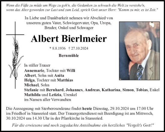 Traueranzeige von Albert Bierlmeier von Bayerwald Echo