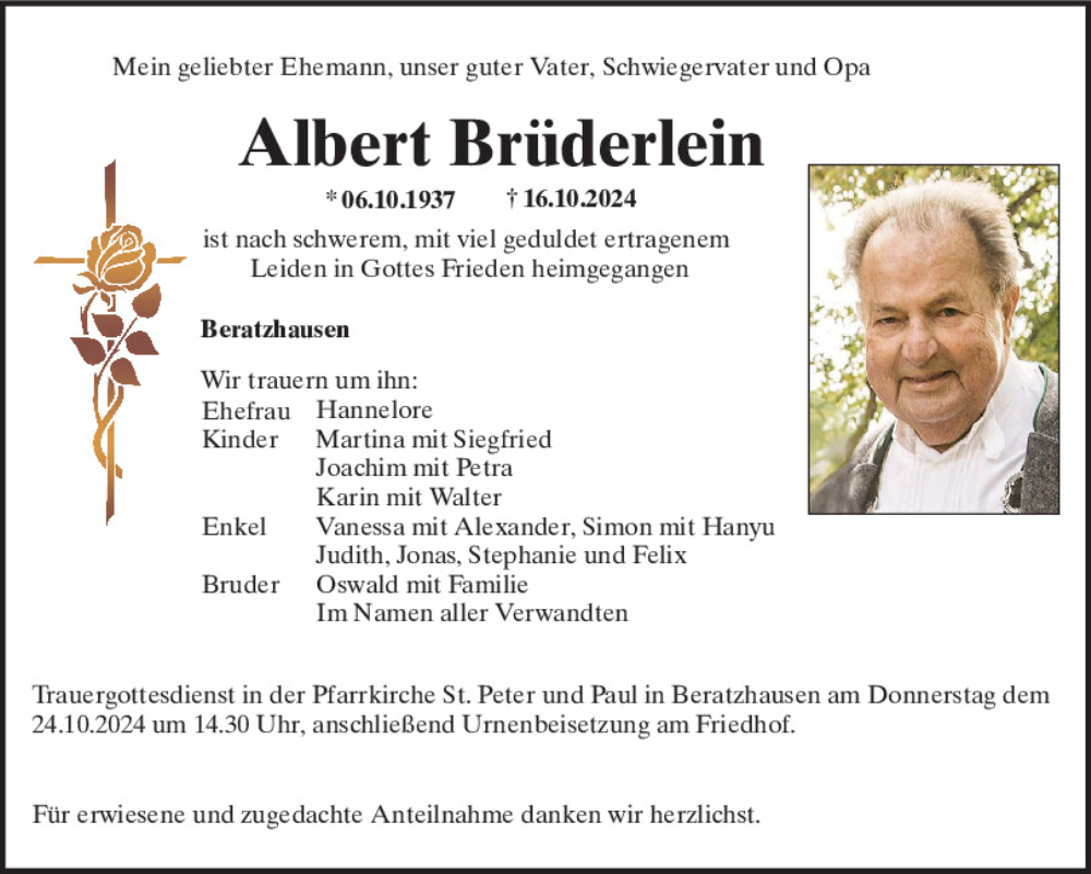  Traueranzeige für Albert Brüderlein vom 21.10.2024 aus Neumarkter Tagblatt