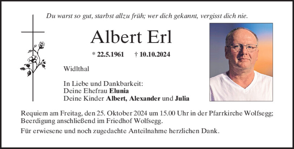  Traueranzeige für Albert Erl vom 19.10.2024 aus Mittelbayerische Zeitung Regensburg