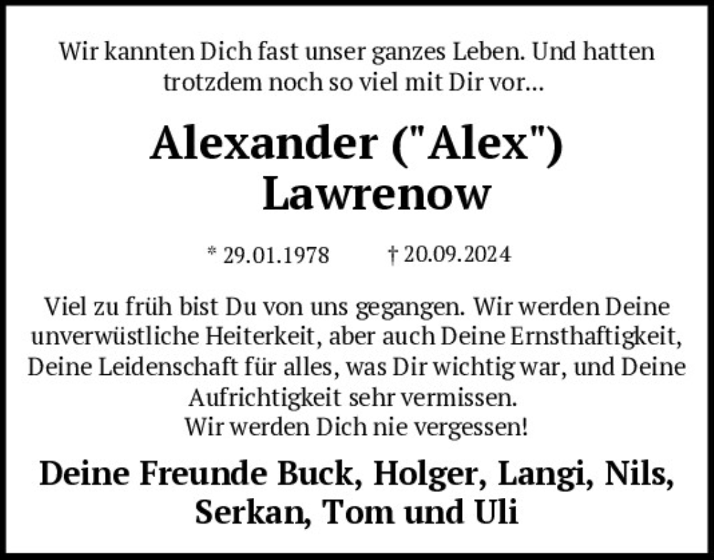  Traueranzeige für Alexander Lawrenow vom 11.10.2024 aus Mittelbayerische Zeitung Regensburg