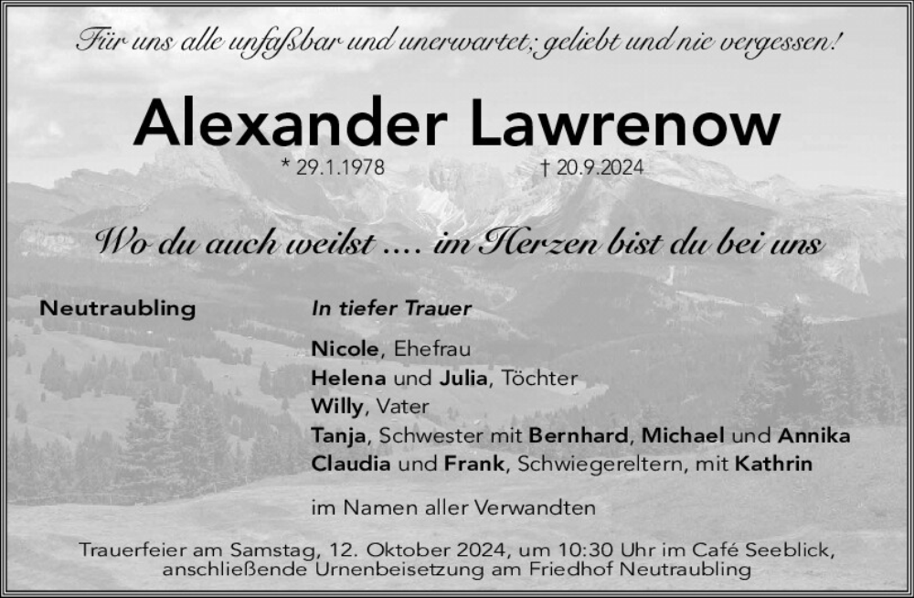  Traueranzeige für Alexander Lawrenow vom 05.10.2024 aus Mittelbayerische Zeitung Regensburg