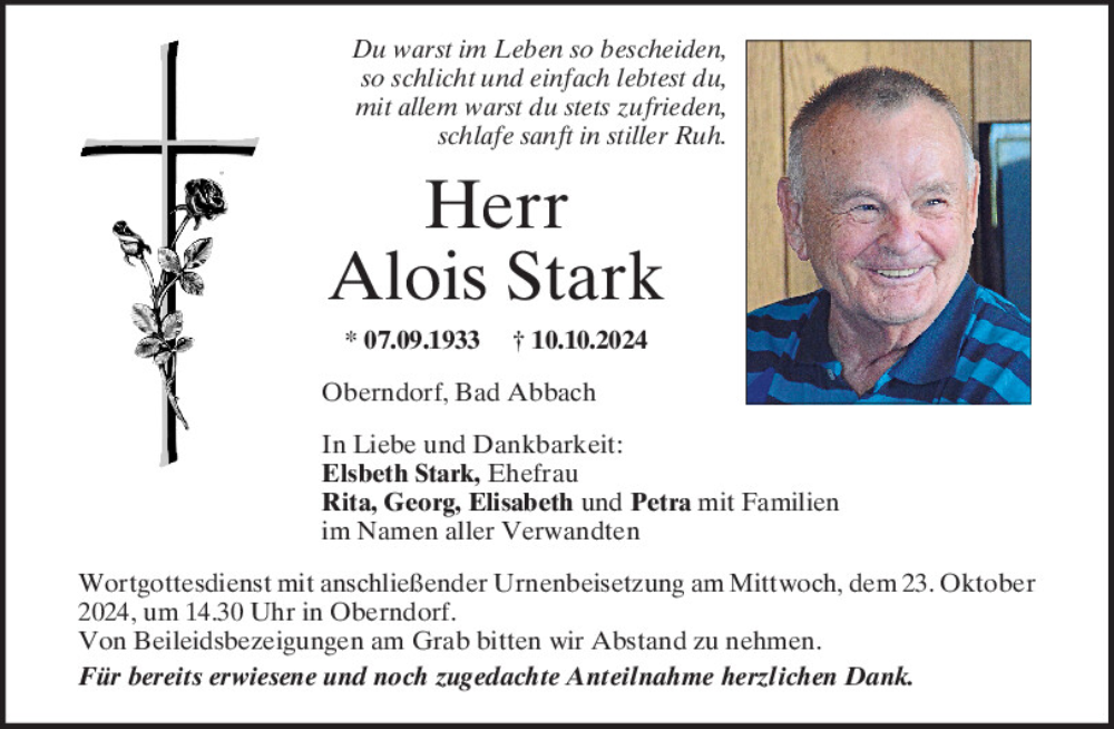  Traueranzeige für Alois Stark vom 19.10.2024 aus Mittelbayerische Zeitung Regensburg