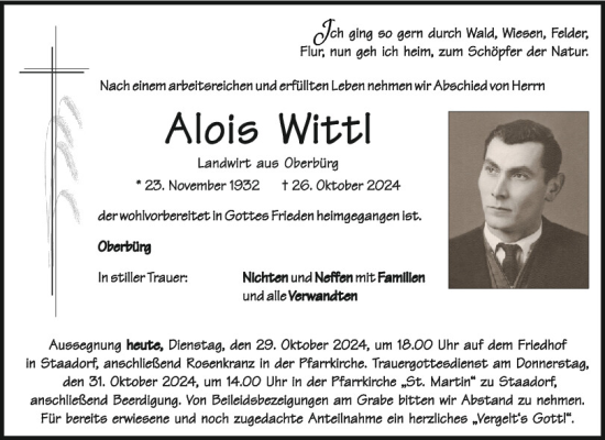 Traueranzeige von Alois Wittl von Neumarkter Tagblatt