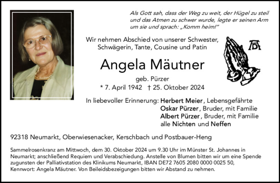 Traueranzeige von Angela Mäutner von Neumarkter Tagblatt