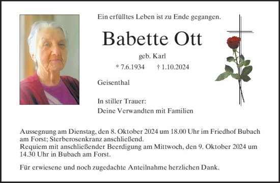 Traueranzeige von Babette Ott von Mittelbayerische Zeitung Schwandorf