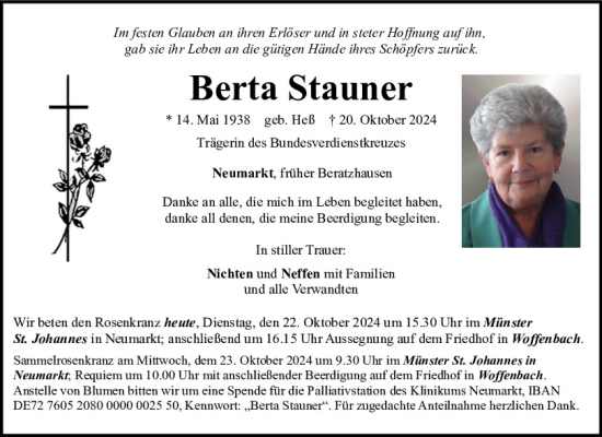 Traueranzeige von Berta Stauner von Neumarkter Tagblatt