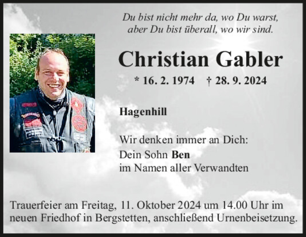  Traueranzeige für Christian Gabler vom 05.10.2024 aus Mittelbayerische Zeitung Regensburg