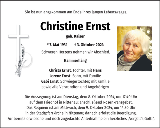 Traueranzeige von Christine Ernst von Mittelbayerische Zeitung Regensburg