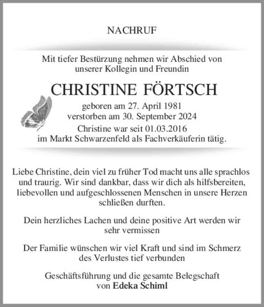  Traueranzeige für Christine Förtsch vom 03.10.2024 aus Mittelbayerische Zeitung Schwandorf