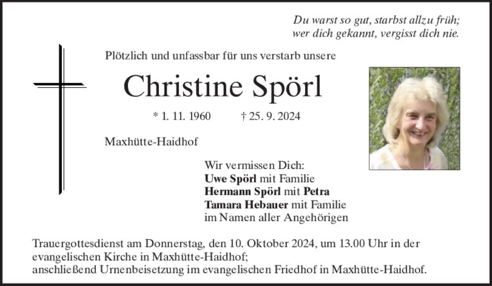  Traueranzeige für Christine Spörl vom 05.10.2024 aus Mittelbayerische Zeitung Schwandorf