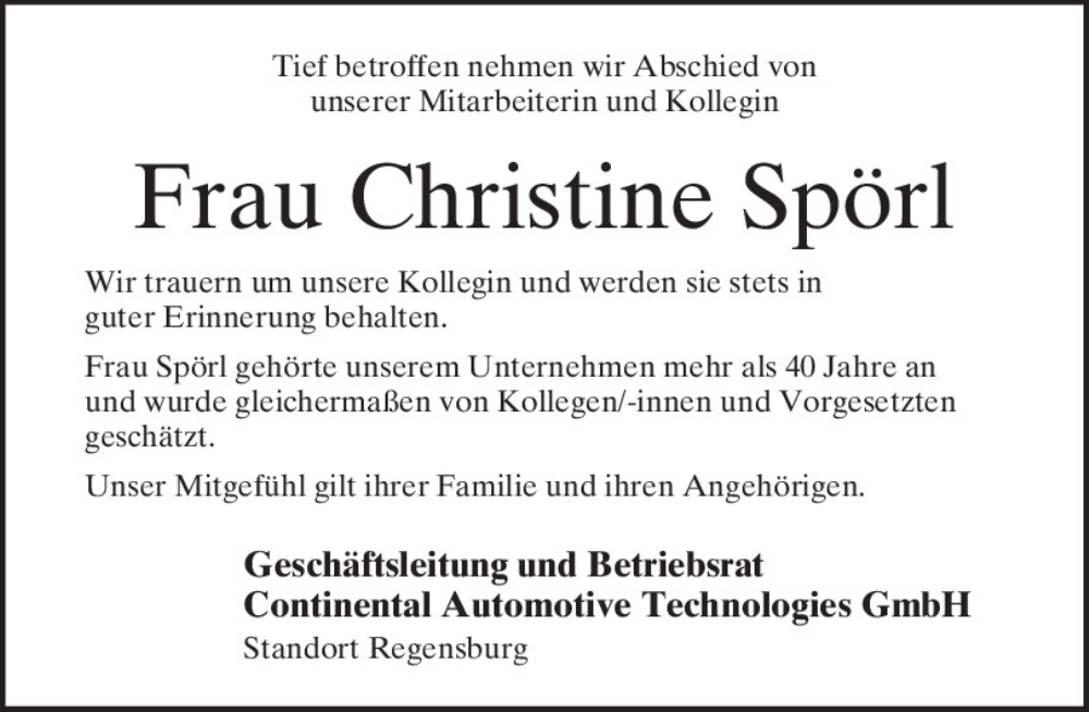  Traueranzeige für Christine Spörl vom 05.10.2024 aus Mittelbayerische Zeitung Regensburg