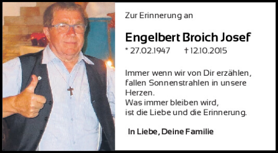 Traueranzeige von Engelbert Josef Broich von Mittelbayerische Zeitung Kelheim