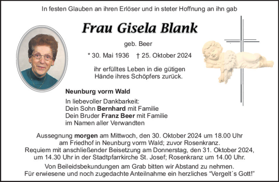 Traueranzeige von Gisela Blank von Mittelbayerische Zeitung Schwandorf