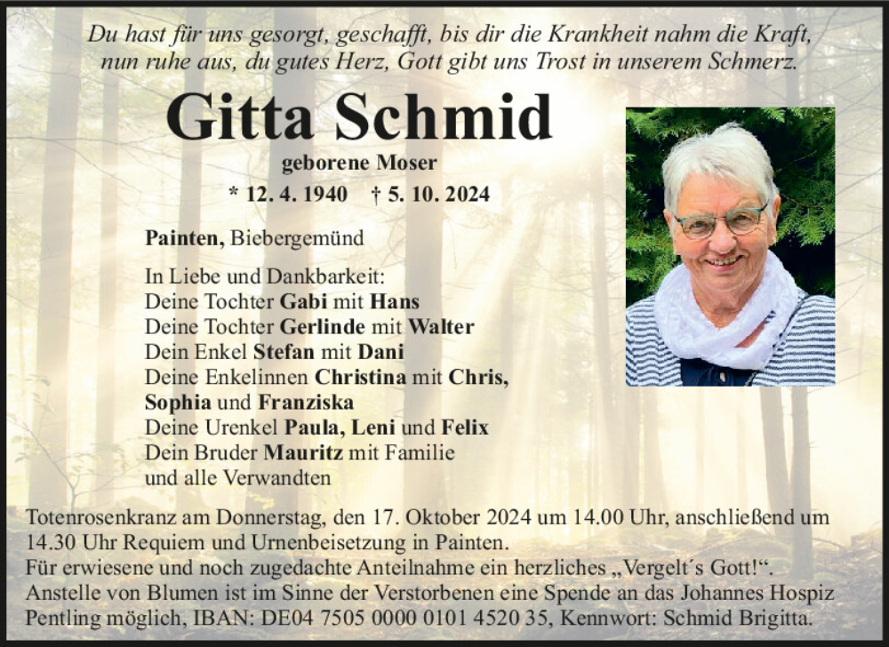  Traueranzeige für Gitta Schmid vom 12.10.2024 aus Mittelbayerische Zeitung Regensburg