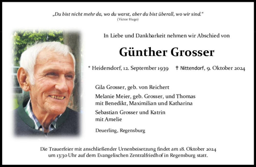  Traueranzeige für Günther Grosser vom 12.10.2024 aus Mittelbayerische Zeitung Regensburg