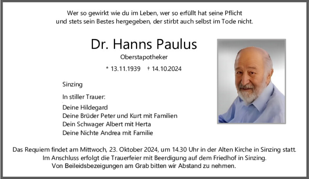 Traueranzeigen Von Hanns Paulus Mittelbayerische Trauer