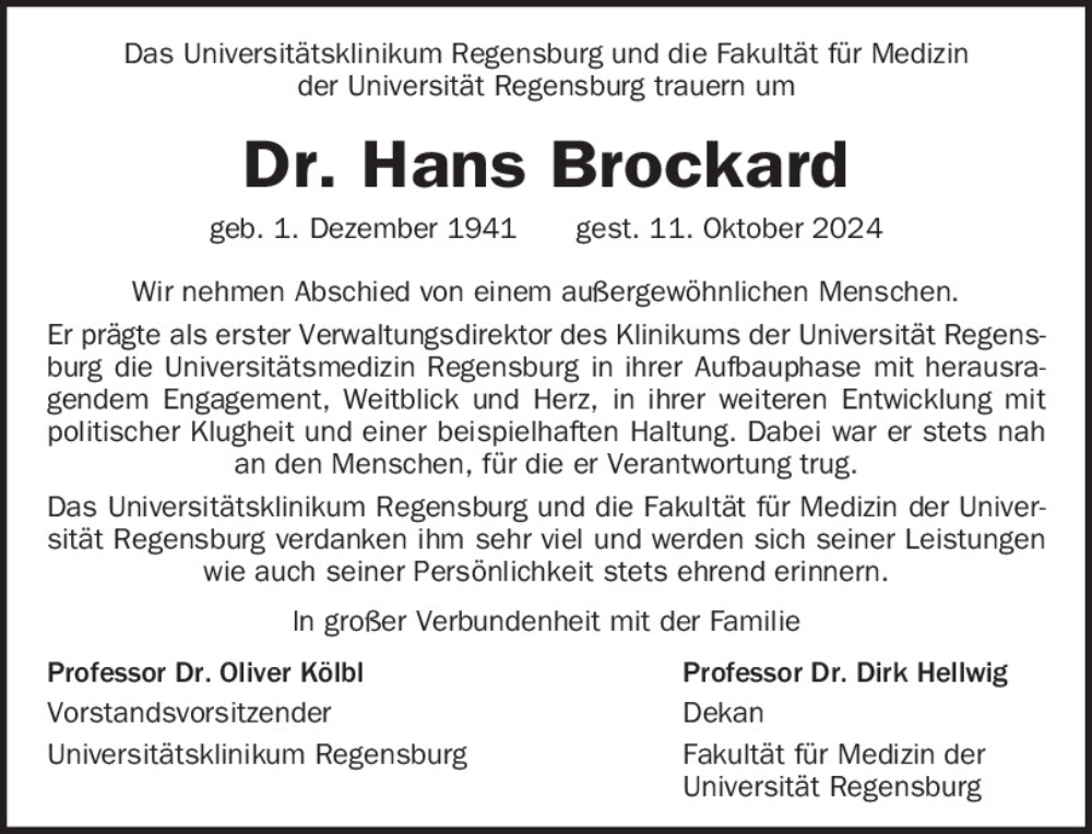  Traueranzeige für Hans Brockard vom 19.10.2024 aus Mittelbayerische Zeitung Gesamtausgabe