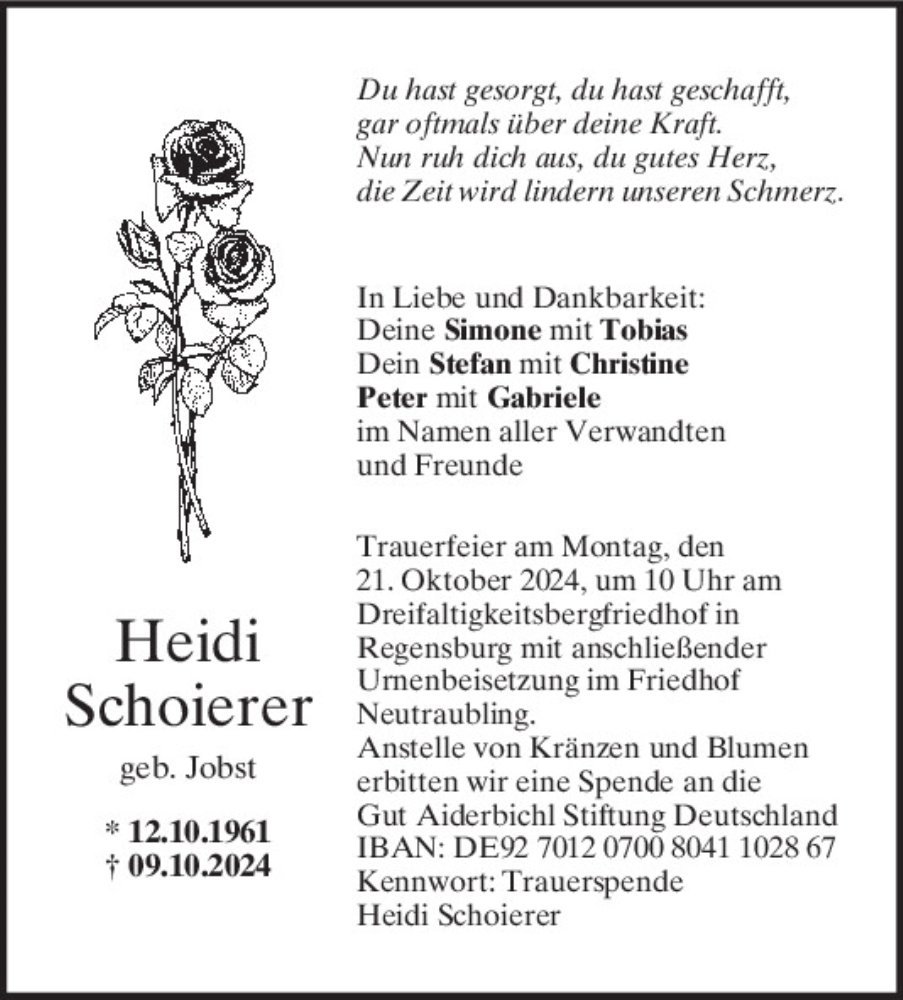  Traueranzeige für Heidi Schoierer vom 16.10.2024 aus Mittelbayerische Zeitung Regensburg