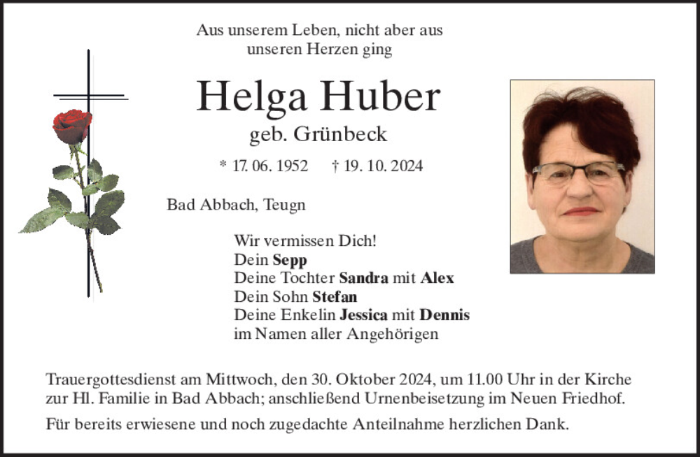  Traueranzeige für Helga Huber vom 26.10.2024 aus Mittelbayerische Zeitung Kelheim