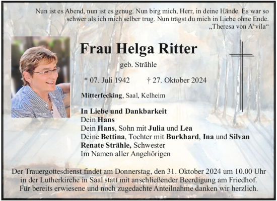 Traueranzeige von Helga Ritter von Mittelbayerische Zeitung Kelheim