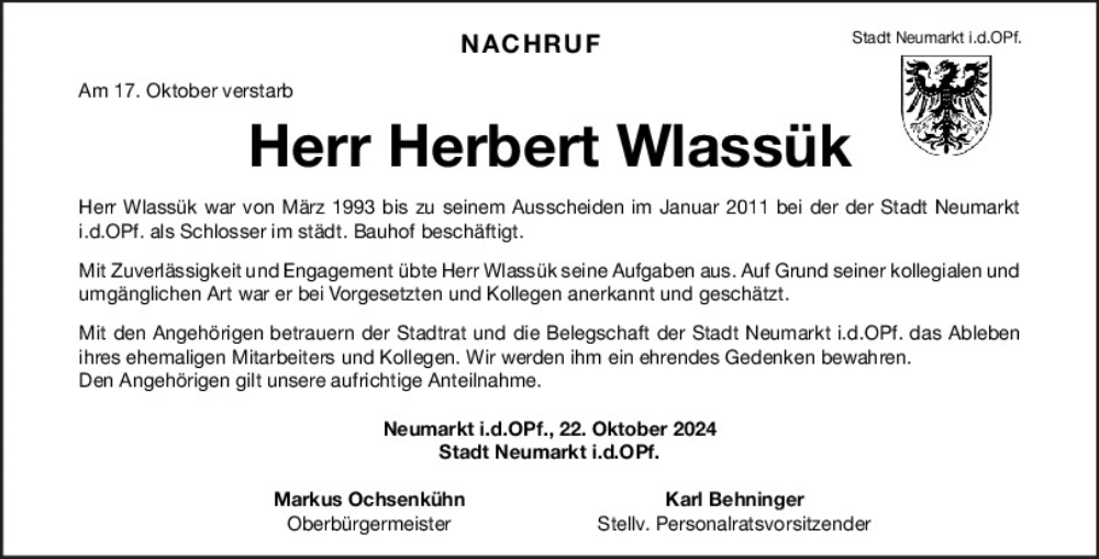  Traueranzeige für Herbert Wlassük vom 22.10.2024 aus Neumarkter Tagblatt