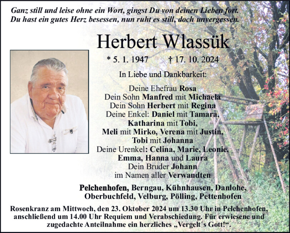  Traueranzeige für Herbert Wlassük vom 22.10.2024 aus Neumarkter Tagblatt