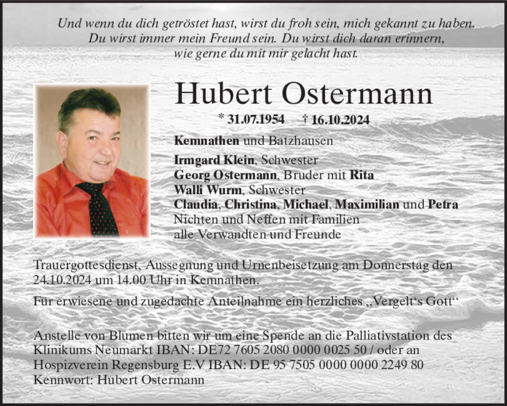  Traueranzeige für Hubert Ostermann vom 22.10.2024 aus Neumarkter Tagblatt