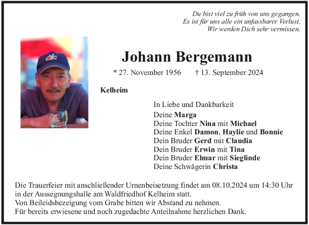  Traueranzeige für Johann Bergemann vom 05.10.2024 aus Mittelbayerische Zeitung Kelheim