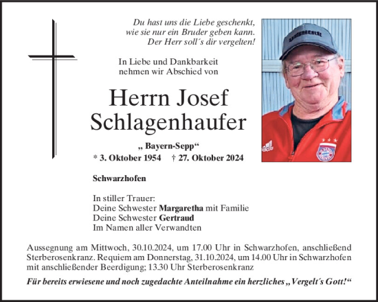 Traueranzeige von Josef Schlagenhaufer von Mittelbayerische Zeitung Schwandorf