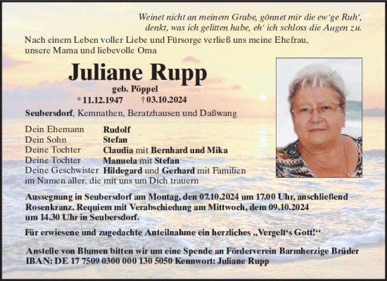 Traueranzeige von Juliane Rupp von Neumarkter Tagblatt