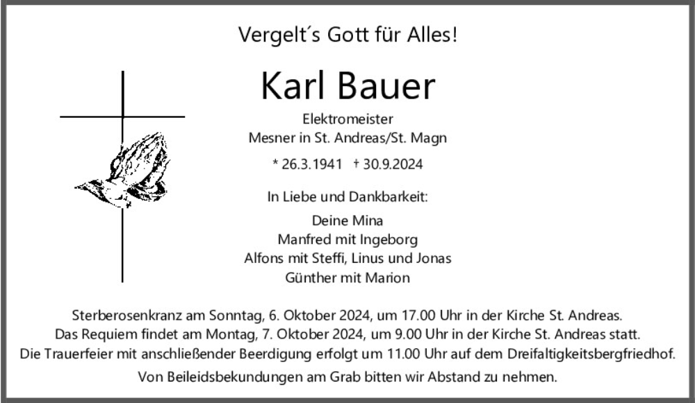  Traueranzeige für Karl Bauer vom 05.10.2024 aus Mittelbayerische Zeitung Regensburg