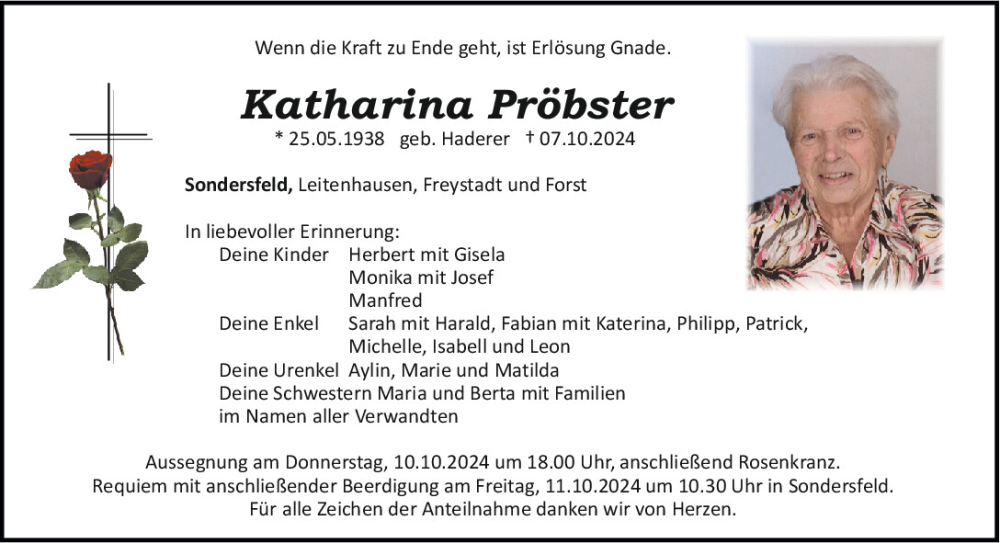  Traueranzeige für Katharina Pröbster vom 09.10.2024 aus Neumarkter Tagblatt