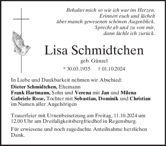 Traueranzeige von Lisa Schmidtchen von Mittelbayerische Zeitung Regensburg