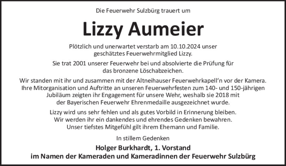  Traueranzeige für Lizzy Aumeier vom 19.10.2024 aus Neumarkter Tagblatt