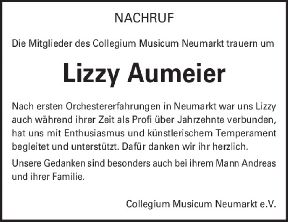  Traueranzeige für Lizzy Aumeier vom 17.10.2024 aus Neumarkter Tagblatt