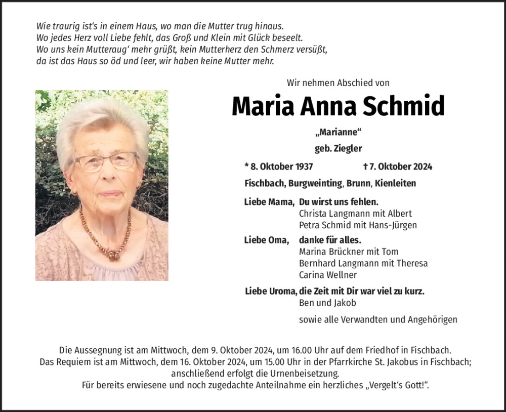  Traueranzeige für Maria Schmid vom 08.10.2024 aus Mittelbayerische Zeitung Regensburg