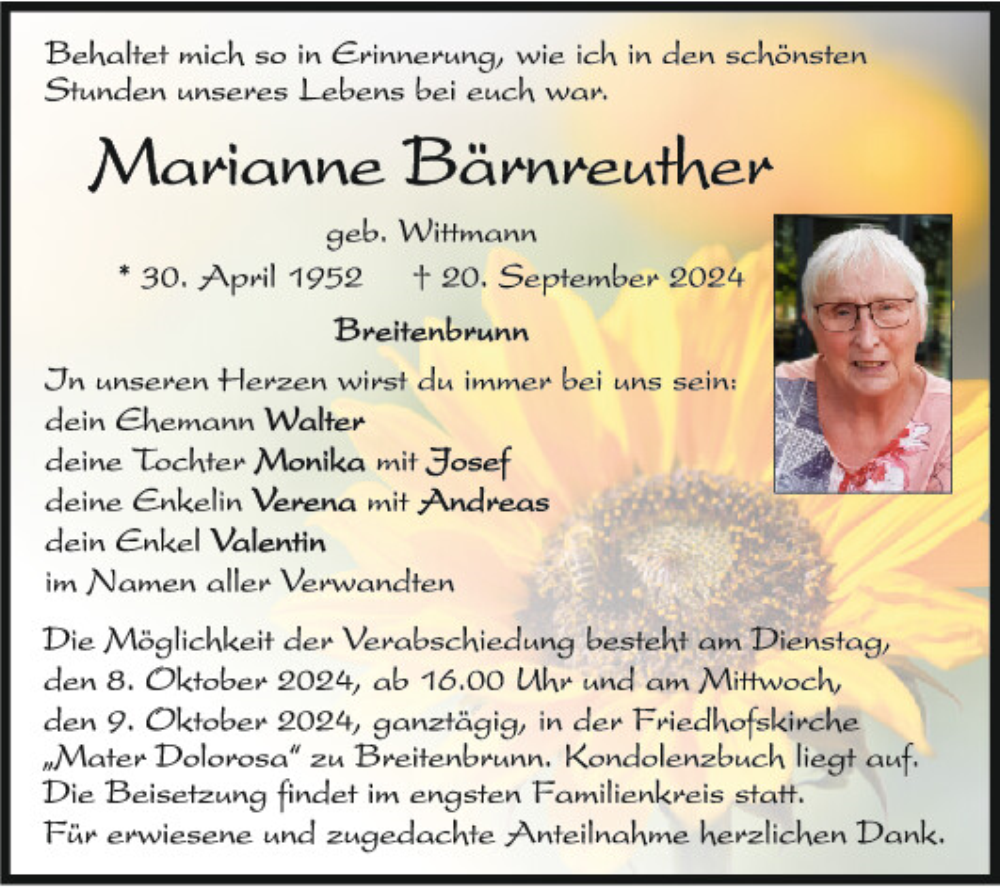  Traueranzeige für Marianne Bärnreuther vom 05.10.2024 aus Neumarkter Tagblatt