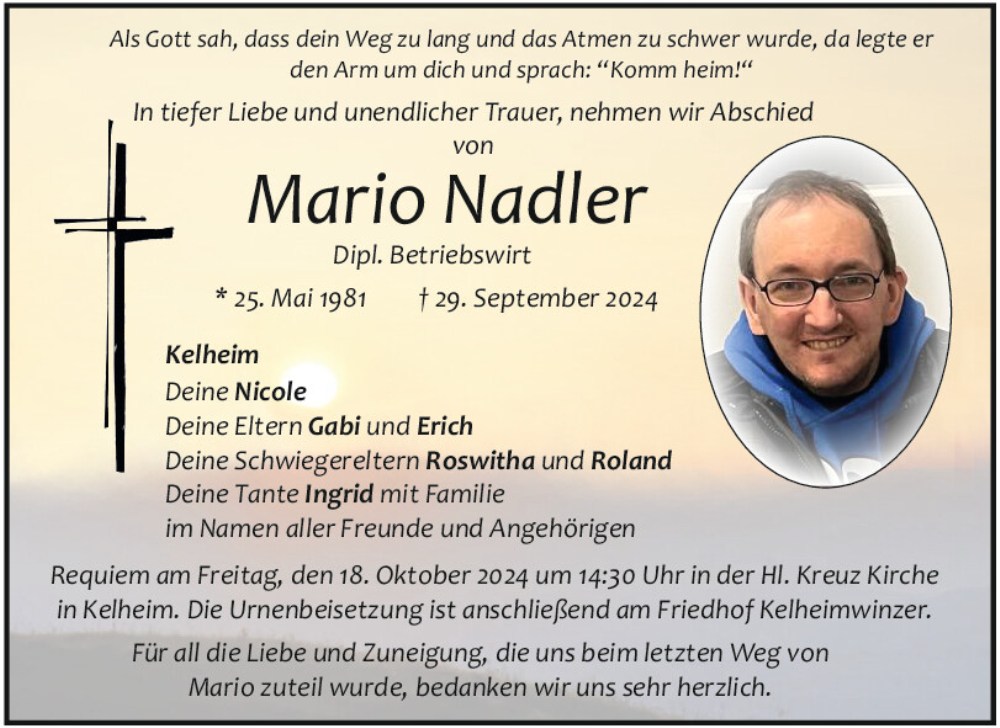  Traueranzeige für Mario Nadler vom 12.10.2024 aus Mittelbayerische Zeitung Kelheim