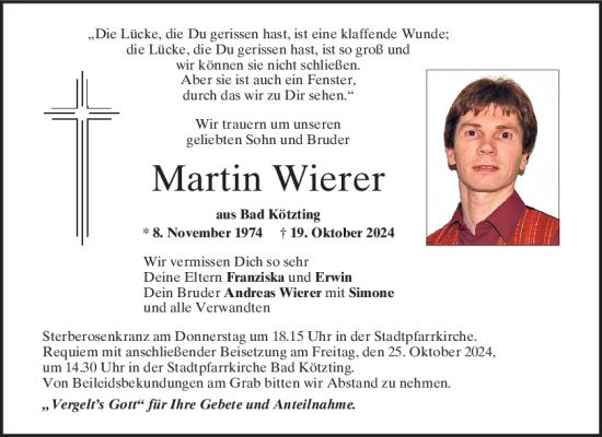 Traueranzeige von Martin Wierer von Bayerwald Echo