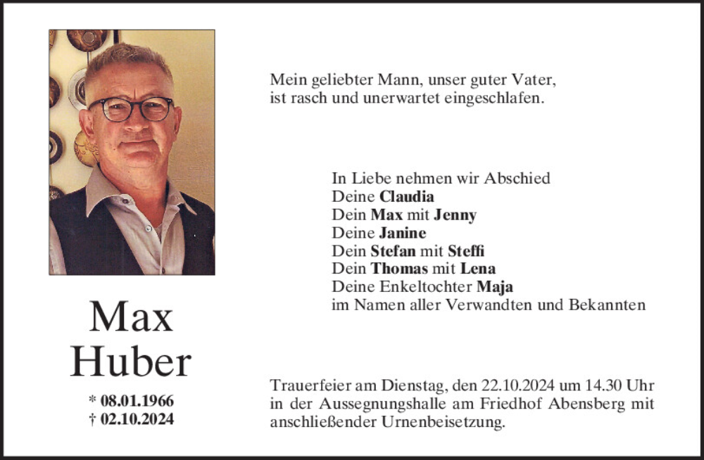  Traueranzeige für Max Huber vom 19.10.2024 aus Mittelbayerische Zeitung Kelheim