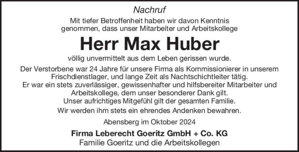  Traueranzeige für Max Huber vom 19.10.2024 aus Mittelbayerische Zeitung Kelheim