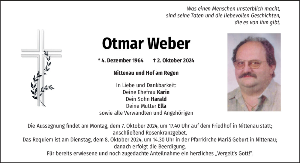  Traueranzeige für Otmar Weber vom 05.10.2024 aus Mittelbayerische Zeitung Regensburg